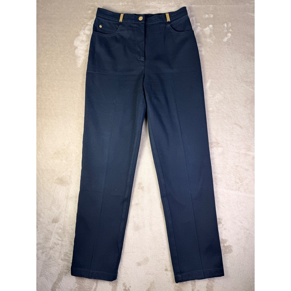 St John Sport Marie Gray Navy Blue Cotton Straight Leg Pants‎ Sz 4 Gold Hardware